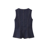 MQTIME  -  Vest Jeans Set Women Square Collar Sleeveless Single Breasted Tank Top High Waist Denim Straight Pant 2025 Summer Lady Slim Suit