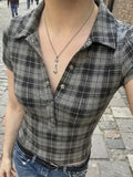 MQTIME  -  American Vintage Plaid Print Turn Down Collar Short Sleeve Slim Single Breasted Basic Women Shirt