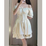 MQTIME  -  Sweet Summer Mini Dress for plus Size Women with Wood Grain Ruffle Bubble Sleeve Square Collar Waist Cinching Fashionable
