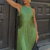 MQTIME  -  Elegant Tassel Splicing Solid Gowns Dress Women Fashion Hight Wasit Sleeveless Long Dress 2025 Sexy Backless Slim Evening Dress