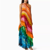 MQTIME  -  Elegant Striped Colorful Cake Party Dress Sexy Off Shoulder Banquet Draped Long Dress Formal Occasion Loose O-Neck Ruffles Dress