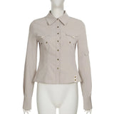 MQTIME  -  Autumn New Product Pocket Splicing Buckle Lapel Shirt Workwear Style Spicy Girl Waist Cinched Long Sleeved Cardigan Women