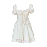 MQTIME  -  Sweet Summer Mini Dress for plus Size Women with Wood Grain Ruffle Bubble Sleeve Square Collar Waist Cinching Fashionable