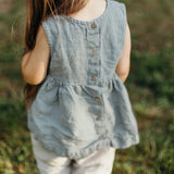 MQTIME  -  Girls Retro Mori Cotton And Linen Tank Top Summer New Back Buttons A-Line Ruffled Hem Kids Blouse Casual Linen Sleeveless Tops