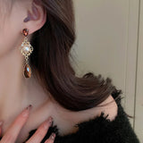 Mqtime South Korea's New Drop Crystal Pearl Pattern Pendant Earrings Retro Temperament Joker Earrings Women's Jewelry