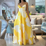 MQTIME  -  Print Sleeveless Casual Women Dress Sexy V Neck Straps Summer Beach Dresses Backless A-line Floor-Length Draped Robe