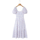 MQTIME  -  New Summer Print Puff Sleeve Square Collar Split High Waist Long Women Dress