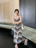 MQTIME  -  Spicy girl style striped suspender dress 2024 summer new knitted sleeveless deep V sexy sweet blue long skirt