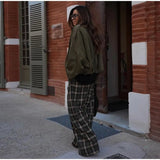  MQTIME  -  Fashion Grid Printed Long Pants For Women Elegant High Waist Wide Leg Trousers 2026 Spring New Street Lady Casual Baggy Pants