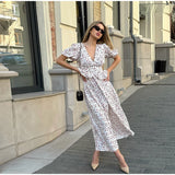 MQTIME  -  Floral Ruffles Patchwork Maxi Dress Women Summer V-neck Puff Sleeve High Waist Fashion Robes Lady Elegant Prty Long Drsss 2025