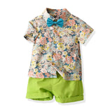 MQTIME  -  Boy's Summer Suit Printed Flower Short-sleeved Shirt and Strap Shorts with Bow Tie Pure Cotton 2-8 Years-old Boy 70-130cm