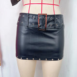 MQTIME  -  Grommet Belt PU Leather Bodycon Mini Skirts Women Fashion Y2K Casual Streetwear Bottoms Wrap Hip Night Clubwear All Match Skirts