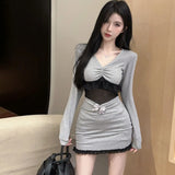 MQTIME  -  Sexy Low Chest V-Neck Lace Long Sleeve Dress Pure Lust Spice Girl Skinny Hollow Pleated Tights Hip Wrap Dress