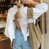 MQTIME  -  Casual Backless Bow T-Shirt Women's Top High Neck Lace-Up Lantern Sleeve Commute Loose Patchwork Fashion Female Top