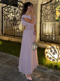 MQTIME  -  Mesh Pleated Dress Elastic Waist Cinching Round Neck Short Sleeved Diagonal Waistline Slimming Gauze Long Dresses Purple Robes