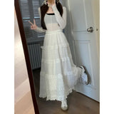 Mqtime Y2K Vintage Lace Ruffled Casual Mid-length Skirt Women Autumn New High Waist Hollow Solid Color All Match Cake Skirt