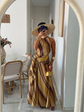  MQTIME  -  Women Fashion Dip-dye Stripe Halter Maxi Dress Elegant Sleeveless Twist Waist Tie Slim Slit Lady Summer Party Gown
