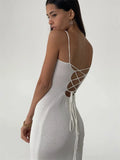 MQTIME  -  Elegant Knitted Long White Dress Women Hot Sexy Spaghetti Straps Backless Bodycon Maxi Dress Lace-Up Slit Dress Party Outfits