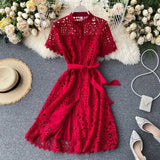 MQTIME  -  Summer New Mid Length Dress Women Dresses A Line Vestidos Hollow Out Round Neck Short Sleeve Single Breasted Elegant High Waist
