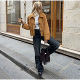 MQTIME  -  Casual Suede Brown Short Jacket Women Retro Solid Loose Single-breasted Full Sleeve Female Coat Chic High Street Lady Outerwears