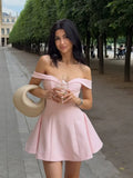 MQTIME  -  Elegant Solid Color Off-shoulder Mini Dress Women Fashion One Shoulder Pleated Short Dresses Summer New Daily Dating Gowns