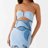 MQTIME  -  Flower Print Patchwork Strapless Evening Dress Lady Casual Off Shoulder High Waist Party Dress Elegant Backless Slim Long Dress