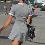 MQTIME  -  Women's 2026 New Autumn Fashion Cardigan Button Stitching Contrasting Color Short-sleeved Dress