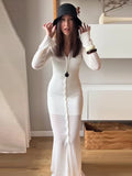 MQTIME  -  Deep V Cardigan Dresses Women Hollow Sexy Single-breasted Long Cardigan Summer White Slim-fit Long Sleeve Vacation Ladies Robe