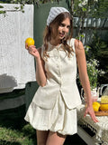 MQTIME  -  Two Pieces Set Women's Vest Skort Suits Sleeveless Button-front Top Ruffled Loose Shorts Summer Office Casual Daily Outfit