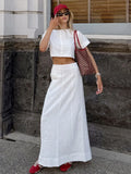 MQTIME  -  Women's Top Suit Solid Cotton Lined O-neck Short Sleeve Cropped Tops Loose Elastic Waist Midi Skirts Female Outfits Lady Outwear