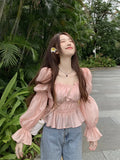 MQTIME  -  Korean Style Square Necked Bubble Sleeved Shirt for Women, New Design, Slim Waist, Short Top, Autumn