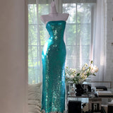 MQTIME  -  Sparkly Turquoise Women's Strapless Sequin Mermaid Dresses Luxury Bodycon Sleeveless Formal Party Evening Prom Gown