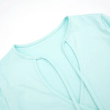  MQTIME  -  Women Light Blue 3/4 Sleeve Crop Top Front Tie Cutout V Neck Wrap Ruched Slim Fit Y2K Casual Elegant Basic Tee Shirts