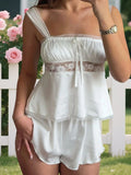 MQTIME  -  Women s Lace Trim Square Neck Sleeveless Cami Pajama Set with Elastic Waist Mini Shorts - 2 Piece Sleepwear Outfit for a