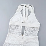 MQTIME  -  Metal Buckle Hollow Out See Through Lace Flare Jumpsuits Women Sexy V Neck Lace-up Halter Backless Slim Club Overalls Rompers