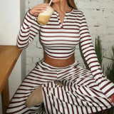 ﻿ MQTIME  -  Stripes Casual 2-Piece Set Women Single-Breasted v-Nec Crop Tops+Comfortable Pants Daily Classic Fashion Autumn Suits