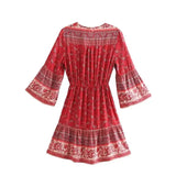 MQTIME  -  Boho Long-sleeved Dress V Neck Rayon Summer Short Dress Femme Hippie Printing Mini Dress Flare Sleeve Chic Vestidos
