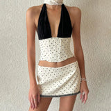MQTIME  -  Summer Fashion White Patchwork Deep V-wave Dot Top Irregular High Waisted Skirt Set Women's Clothing