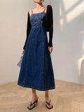 MQTIME  -   French Denim Camisole Dress For Women'S Summer Retro Washed High-Quality Fabric Design, Slim Slit Long Skirt