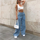 Mqtime Jeans women New large pocket baggy wide-leg pants Washed blue denim pants Vintage high-waisted street fashion cargo jeans