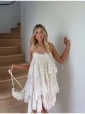 MQTIME  -  Chic Vintage Dress Lace Elegant Feminine Strapless Tiered Women Dresses Vocation Summer Sweet Trendy Stylish Casual Outfit