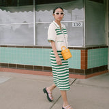 MQTIME  -  New Trendy Womens Striped Knit Two Piece Set Lapel Hollow Out Short Sleeve Top with Skirt Fashion Summer Outfit