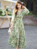 MQTIME  - Women's Vintage Floral Print V-Neck Dress Female One-Piece Clothes French Lady A-Line Elegant Chic Maxi Dresses New 2024