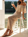 MQTIME  -  Elegant Hollow Out Dress Women's Summer Dress Short Sleeve Off Shoulder Knit Pattern  Tie Up Summer Dress