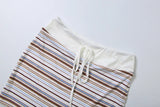 MQTIME  -  Striped Print Vintage Ribbed 2 Piece Set Women Sexy Turn Down Collar V-neck Short Sleeve T-shirts Tops + Drawstring Mini Skirts