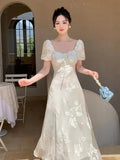 MQTIME  -  Puff Sleeve Evening Party Dress for Women Summer New Elegant Chinese Style Square Collar Lace-up A-line Long Vestidos Mujer