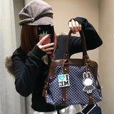  MQTIME  -  Korean Retro Polka Dot Handbag, Leather Patchwork Large Multi-functional Briefcase Sweet Pretty Style Handbag Casual Commute Bag