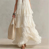 MQTIME  -  Sleeveless Tiered Ruffle Maxi Dress Round Neck Crinkle Flowy Loose Bohemian Casual Layered Swing Dress for Summer Women