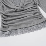  MQTIME  -  Women's Sexy Deep V Neck Wrap Top Lace Trim Long Sleeve Blouse Casual Slim Fit Ruched Tunic Shirt Elegant Bell Sleeve Early Fall