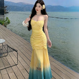 MQTIME  -  Elegant Sexy Gradient Tie Dye Sheer Mesh Spaghetti Strap Bodycon Fishtail Dress Women Ruched Slim Fit Long Dress Vacation Outfit